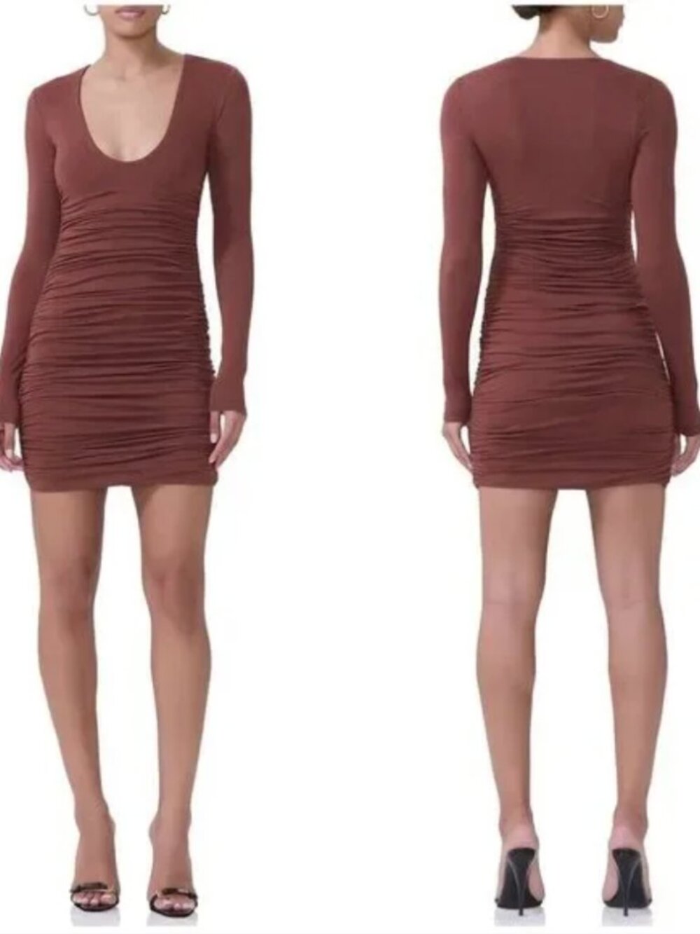 AFRM Afton Ruched long sleeve Jersey Mini Dress Brown Size M Party Club Go out